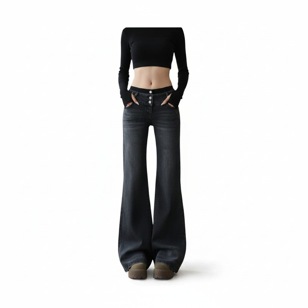 Jeans Acampanados Gris Oscuro Cintura Alta con Hebillas