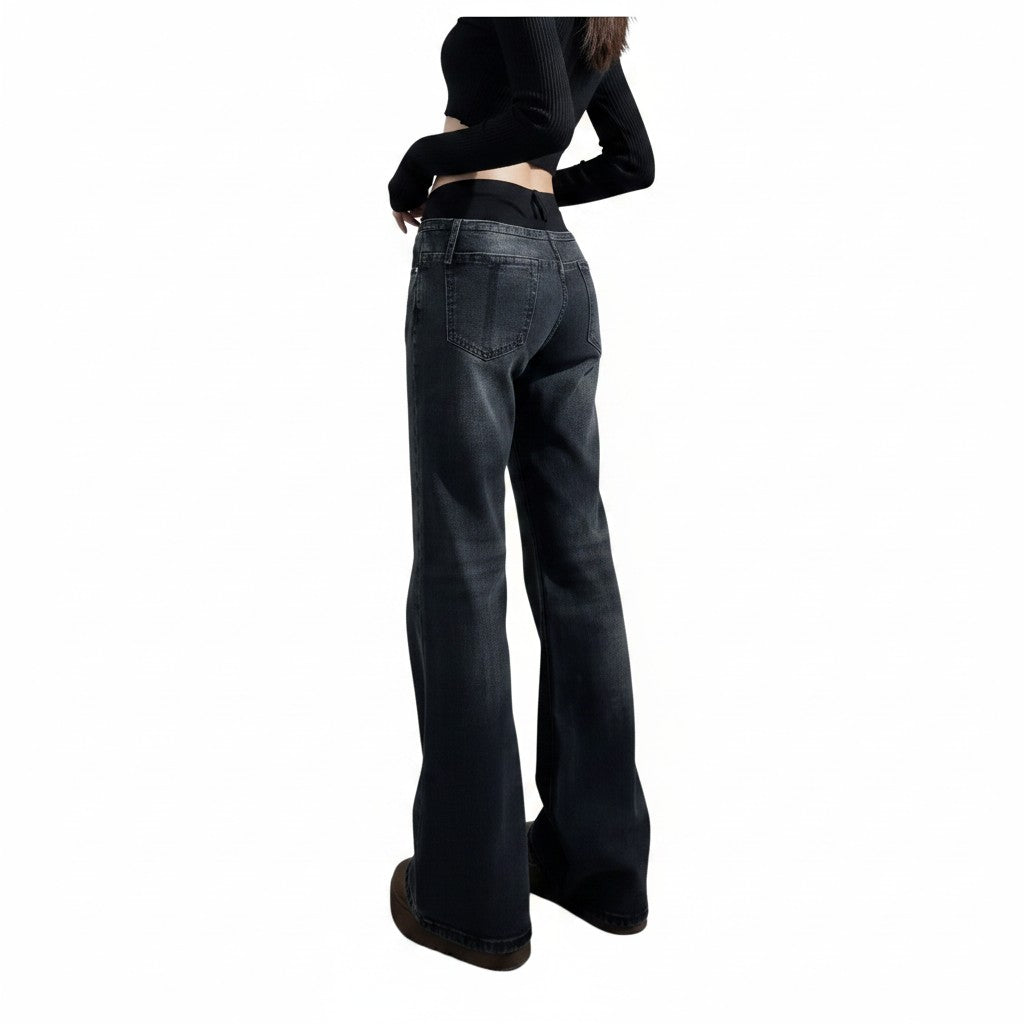 Jeans Acampanados Gris Oscuro Cintura Alta con Hebillas