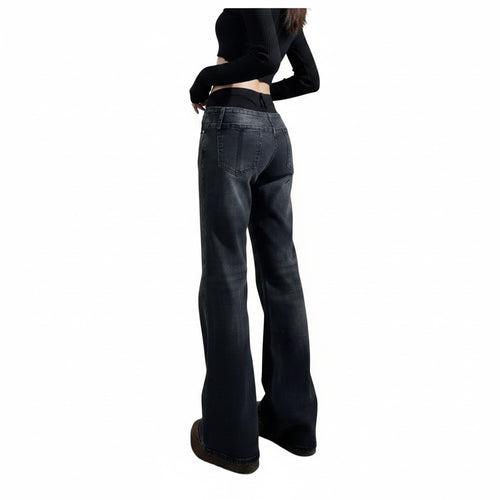 Jeans Acampanados Gris Oscuro Cintura Alta con Hebillas