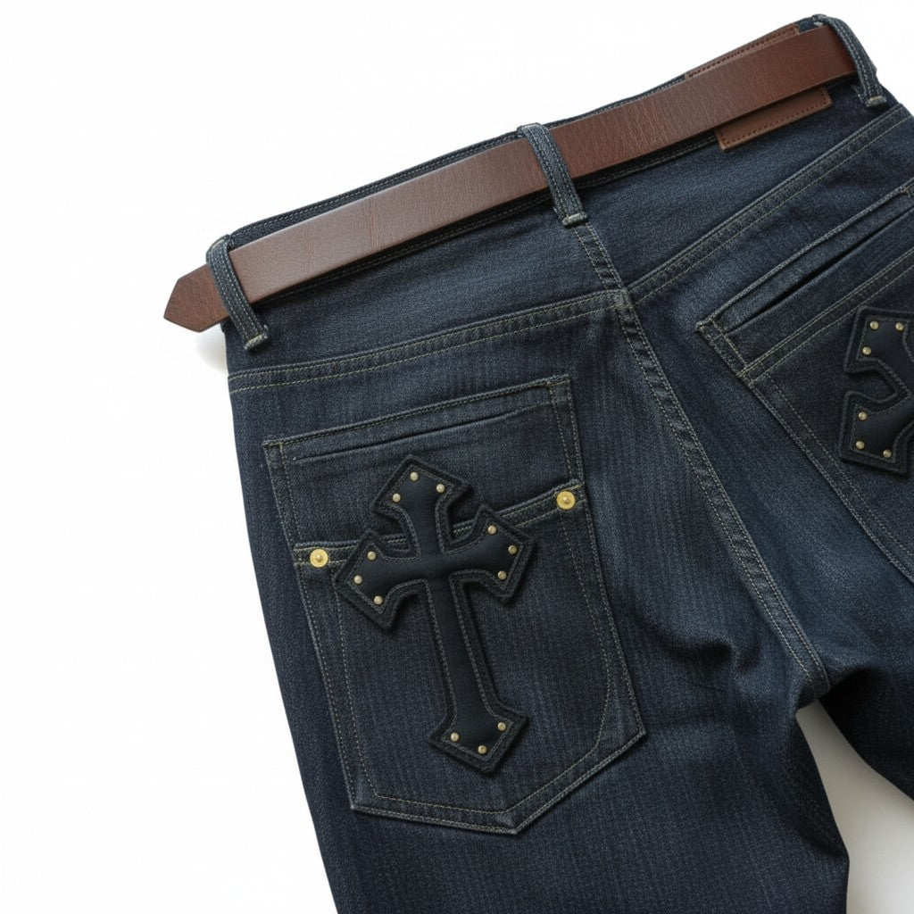 Jeans Anchos Negros con Cruces en Bolsillos