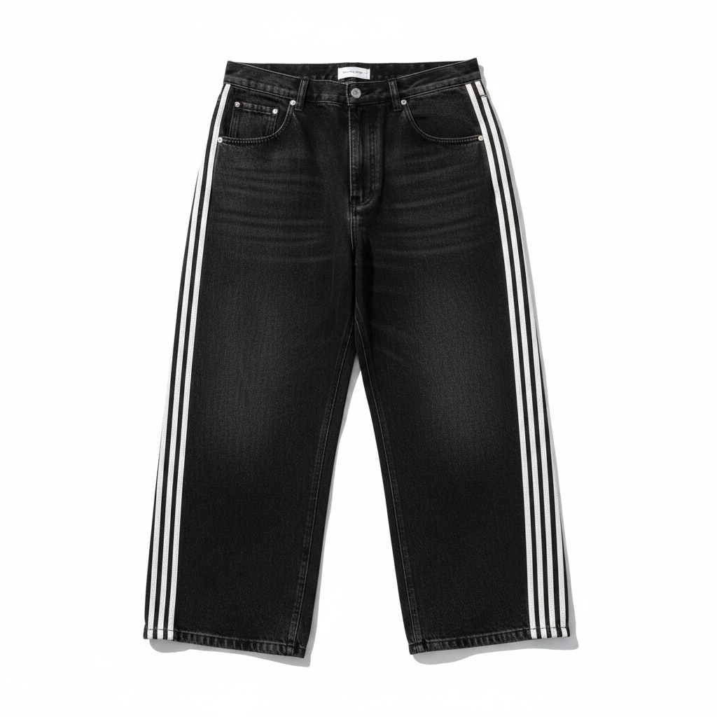 Jeans anchos negros Y2K con rayas laterales blancas